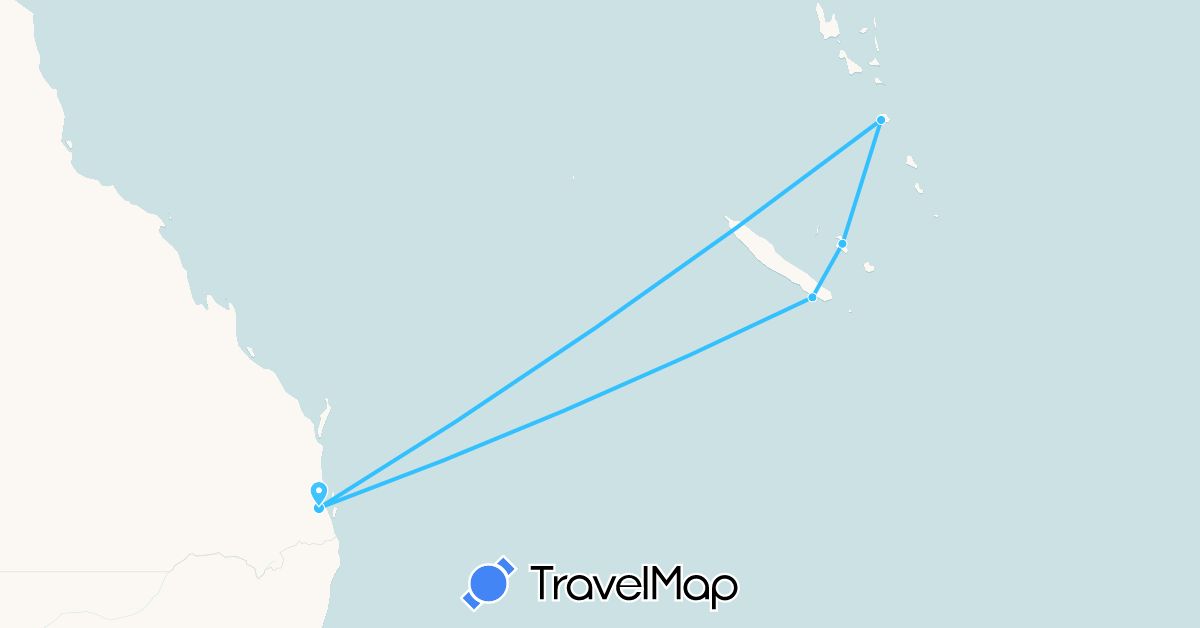 TravelMap itinerary: driving, boat in Australia, New Caledonia, Vanuatu (Oceania)