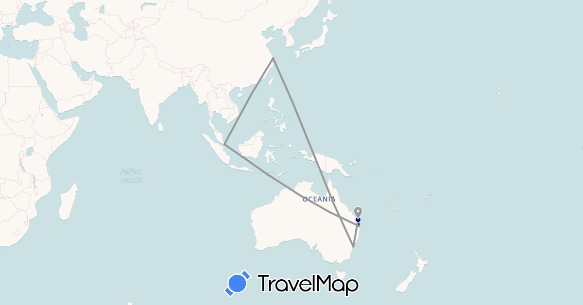 TravelMap itinerary: driving, plane, hiking in Australia, China, Singapore (Asia, Oceania)